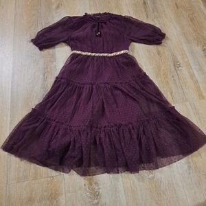 Velveteen Kid's Purple Maroon Dress Gems Waist Drawstring Neck Girl's Size 6Y